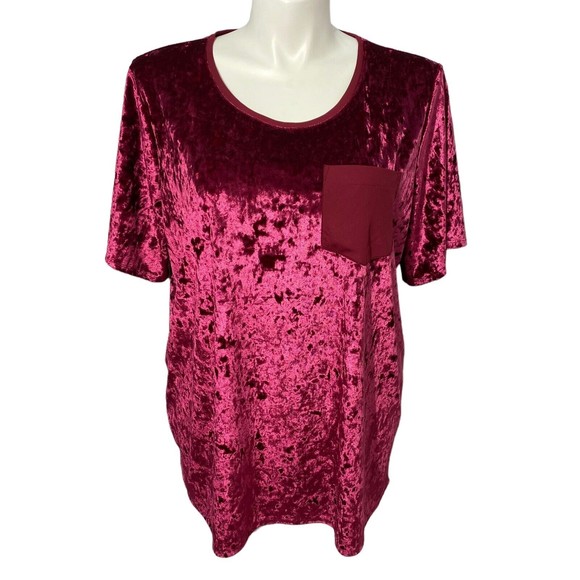 Evri Top Womens Size 2x Cranberry Red Crushed Velvet Look Short Sleeve Knit - Picture 8 of 11